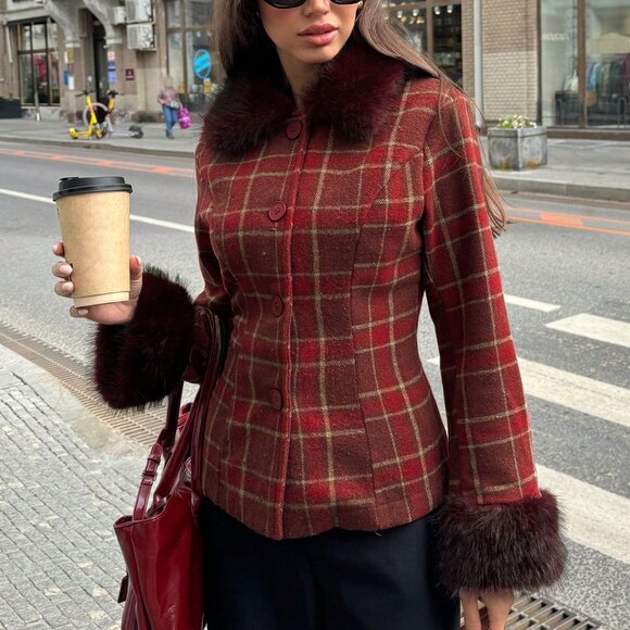 Multicolor Casual Women's Christmas Plaid Faux Fur Jacket - Picture 4 of 8